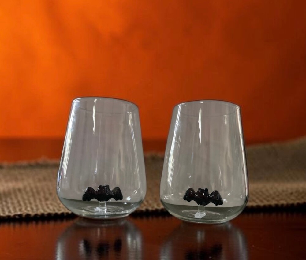 Stemless Wine Glass Set of 2 with Black Bat Figurine Inside Base